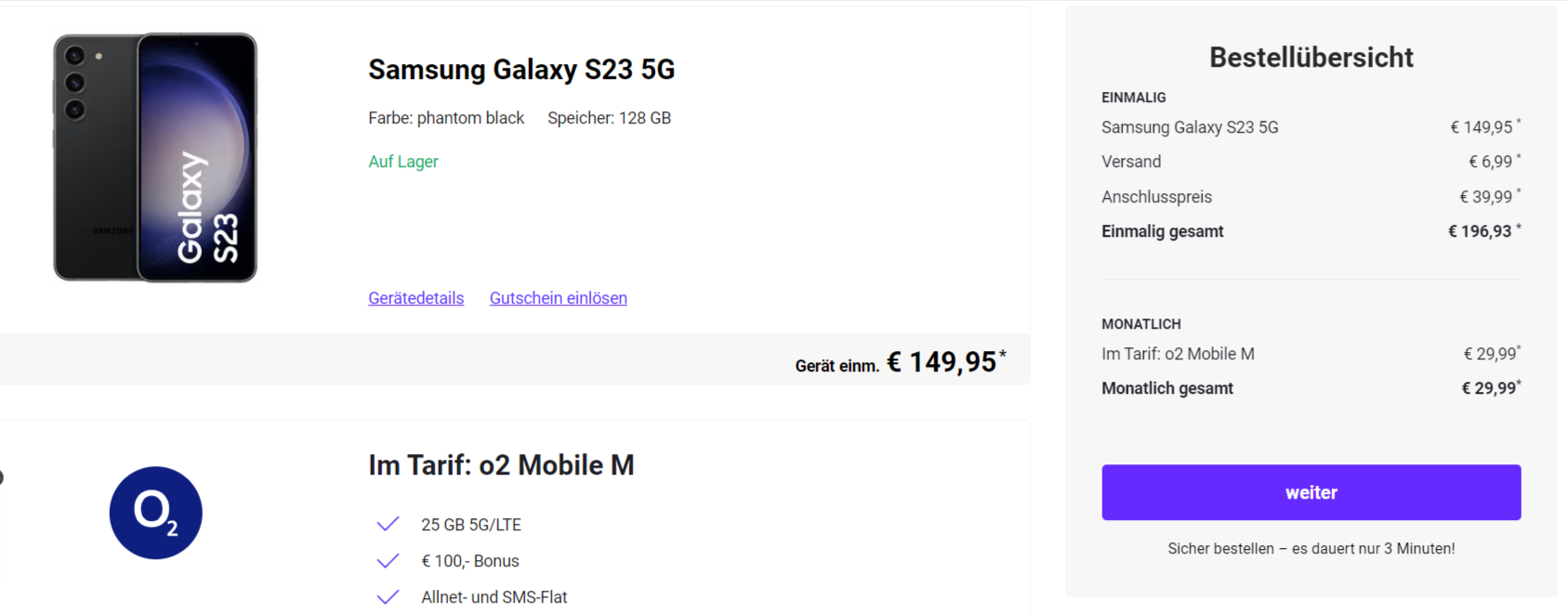 DEINHANDY Samsung Galaxy S23 5G o2 Mobile M 25 GB 5G für 29 99