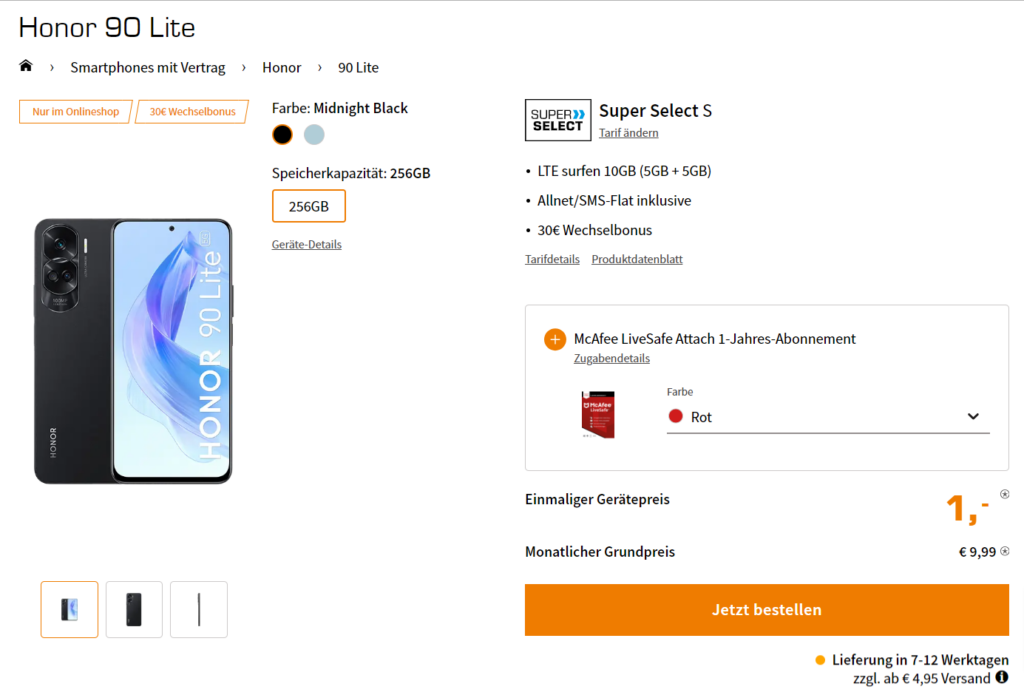 Saturn Tarifwelt Honor 90 Lite McAfee LiveSafe Device Attach Super