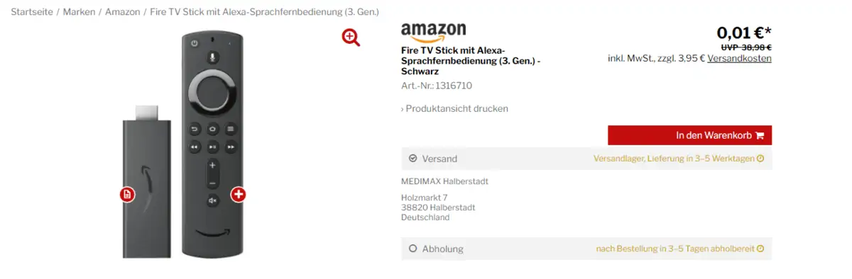 Amazon Fire TV Stick mit Alexa Sprachfernbedienung 3 Gen Medimax