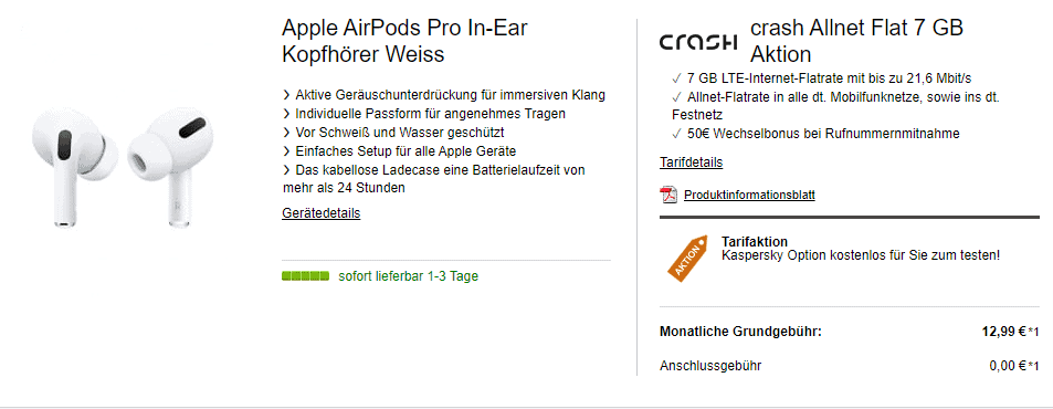 Crash Allnet Flat 7GB Aktion mit Apple AirPods Pro oder Nintendo Switch Lite oder Sony Xperia 10 II