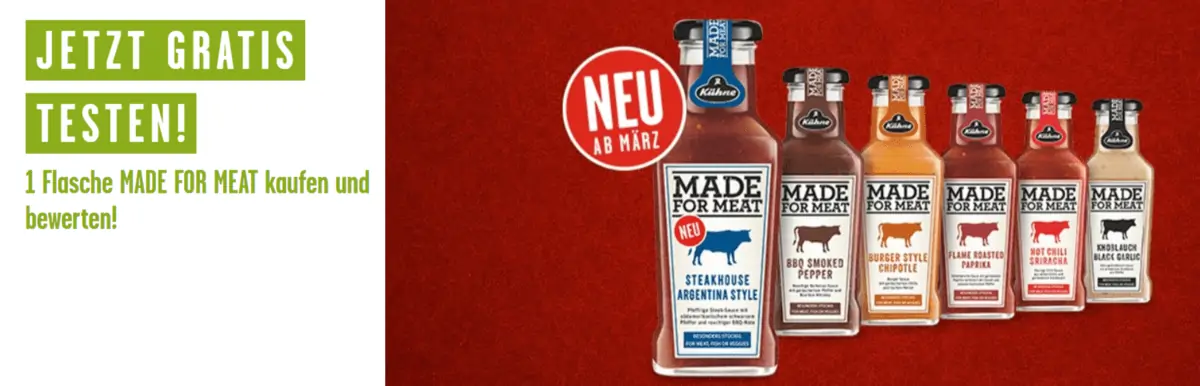 Kühne MADE FOR MEAT 235ml gratis testen mit Geld-zurück-Aktion [Ab März 2021]