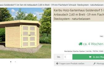 Sonderangebot Karibu Gartenhaus Goldendorf 5 im Set mit Anbaudach 2 60 m Breit 19 mm Flachdach Schraub Stecksystem naturbelassen