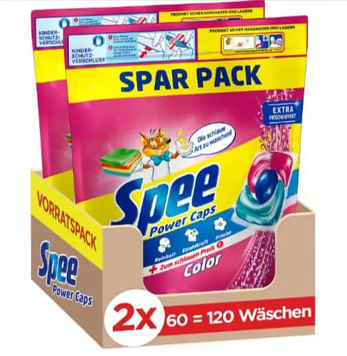 Spee Power Caps Color 3+1, Colorwaschmittel, 120 Waschladungen für 15,69 (Prime) 13 Cent/WL