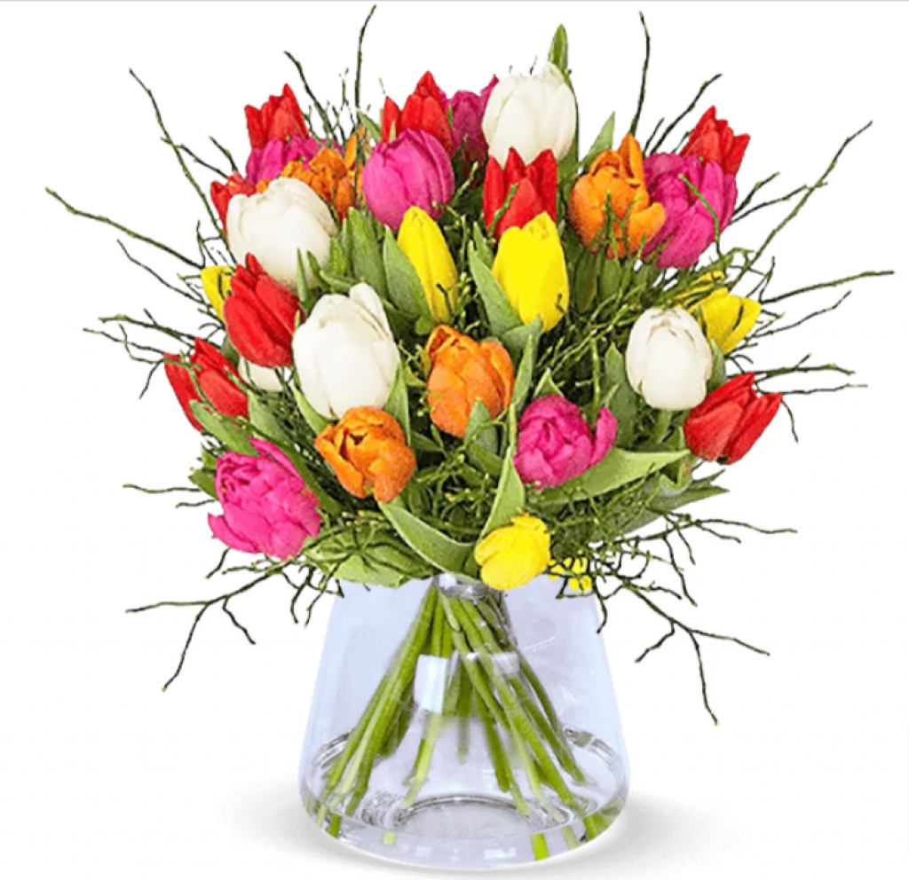 Tulpenstrauss Modern Love Mit 17 Bunte Tulpen Mit Heidelbeeren