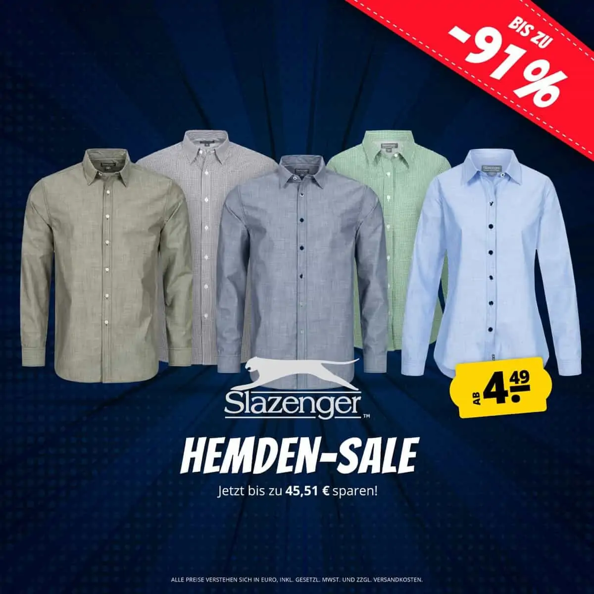 Slazenger Hemden Sale: Damen Blusen für je 4,49 € oder Herren Hemden für je 4,99 € zzgl. 3,95 € Versand
