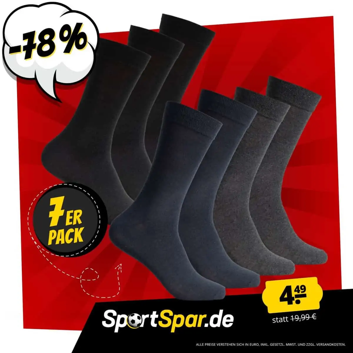 SportSpar Herren Business Socken 7 Paar (Schwarz oder Mix) für je 4,49 € zzgl. 3,95 € Versand 🧦