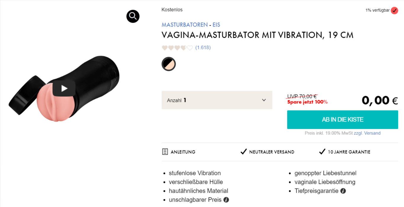 Eis DE: Vagina-Masturbator mit Vibration & 6 Gratisartikel für 0 € (MBW 29,95 €) 🍨