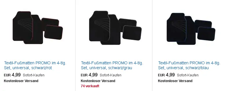 Vers. Textil-Fußmatten 4-tlg. für 4,99€ inkl. Versand