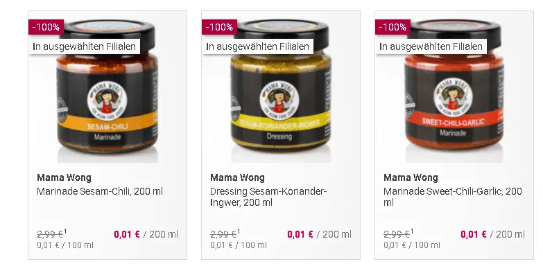 🔥 Gewürzsalze und -Marinaden für 0,01€ bei Abholung z.b Mama Wong Marinade Sesam-Chili, 200 ml