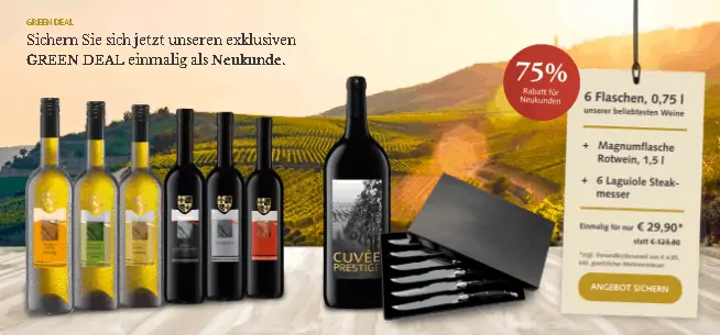 7 Flaschen Wein + 6 Steakmesser für 34,90€ inkl. Versand