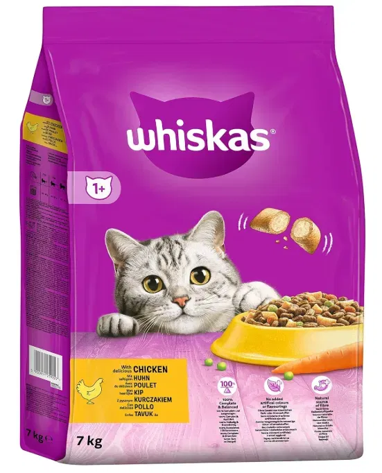 Whiskas Katzenfutter Trockenfutter Adult 1+ mit Huhn ( 7kg) ab 10,00 € inkl. Prime Versand (statt 22,49)