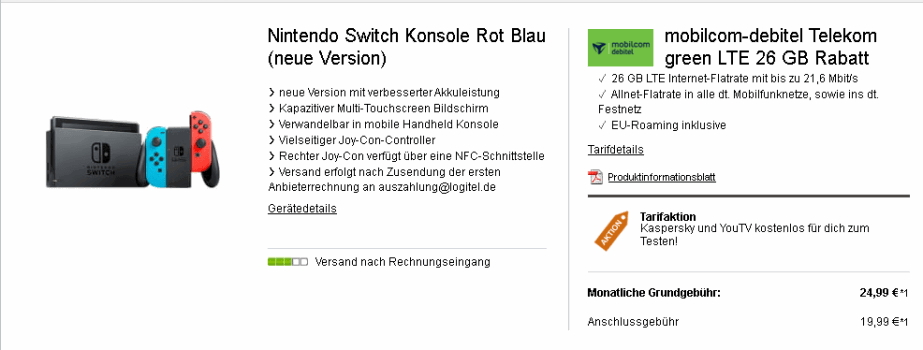 mobilcom debitel Telekom green LTE 26 GB Rabatt mit Nintendo Switch