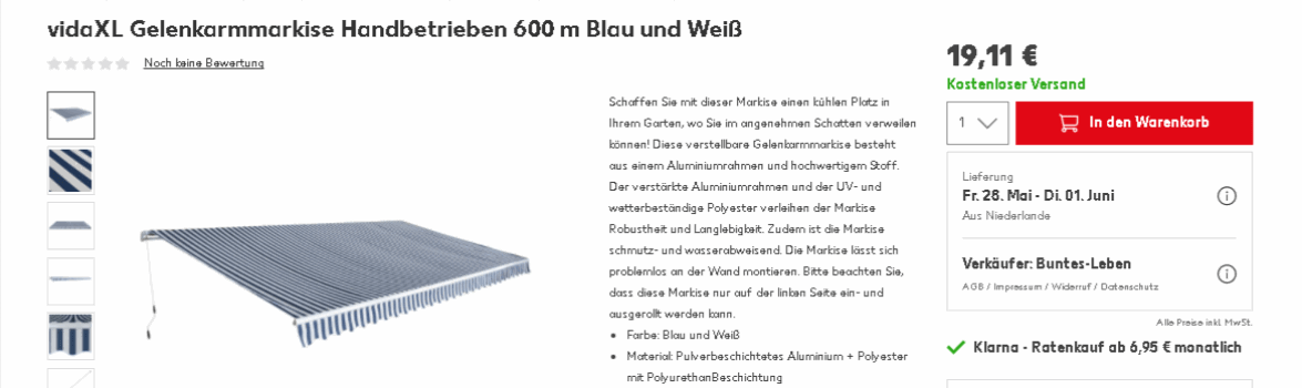 vidaXL Gelenkarmmarkise Handbetrieben 600 m Kaufland de