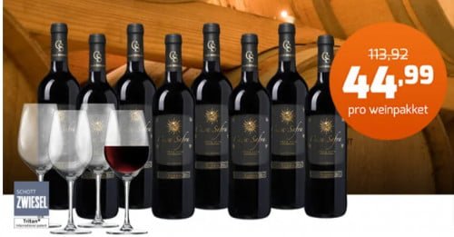 8 Flaschen Casa Safra Verdejo oder Casa Safra Gran Reserva + 4 gratis Schott Zwiesel Weingläser für 44,99 € inkl. Versand