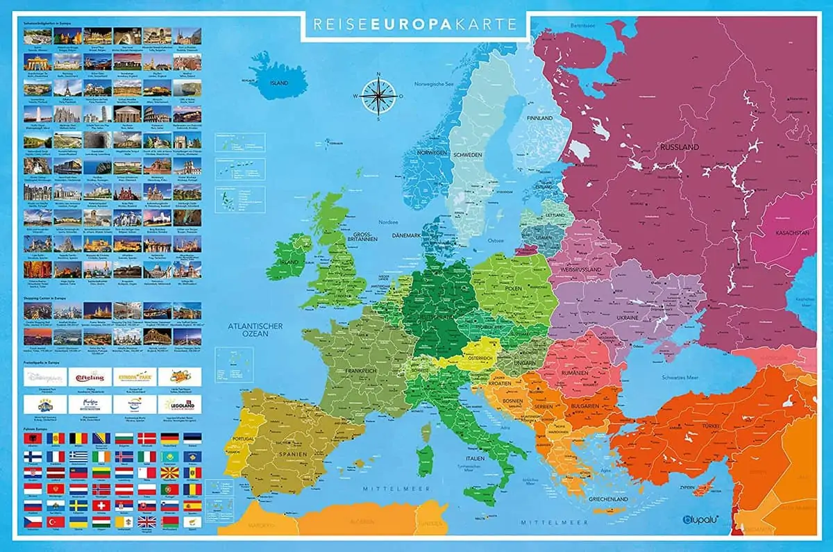 blupalu XXL Europakarte zum Rubbeln mit Länder-Flaggen I Rubbel-Chip I Landkarte zum Freirubbeln I 89 x 59 cm | Deutsch für 5€ statt 12,99€
