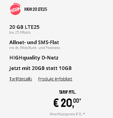 Sparhandy: 20 GB Telekom Allnet Flat (25 MBit/s) für 20€ mtl. keine Anschlussgebühr