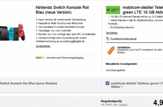 mobilcom debitel Telekom green LTE 18 GB Aktion mit Nintendo Switch