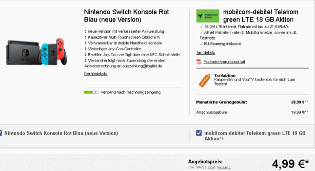 mobilcom debitel Telekom green LTE 18 GB Aktion mit Nintendo Switch