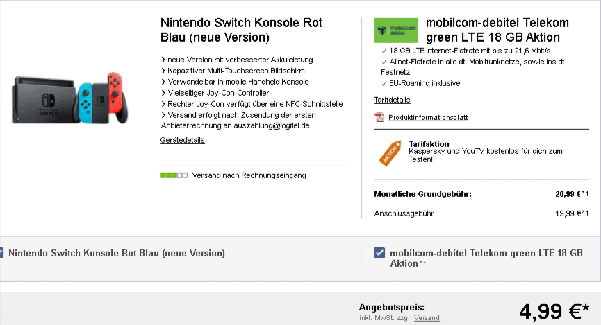 Mobilcom Debitel Telekom Green Lte 18 Gb Aktion Mit Nintendo Switch