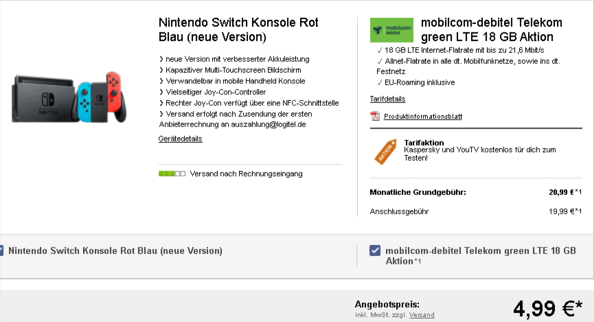 mobilcom-debitel: Telekom green LTE 18 GB Allnet Flat für 20,99€ mtl. + Nintendo Switch Konsole Rot Blau für 4,99€ einmalig