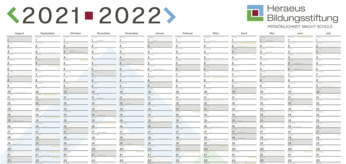 Gratis: A1-Wandkalender 2021/22 (Heraeus Bildungsstiftung)