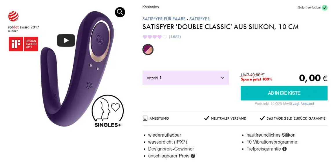 Eis DE: Satisfyer Double Classic Partnervibrator 10 cm & 6 Gratisartikel für 0 € (MBW 29,95 €) 🍨