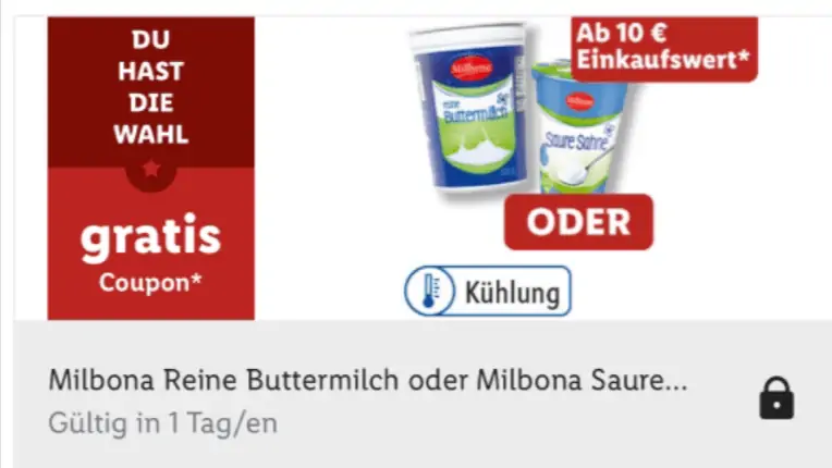 Gratis: Milbona Buttermilch o. saure Sahne (10€ MBW  Lidl Plus App)