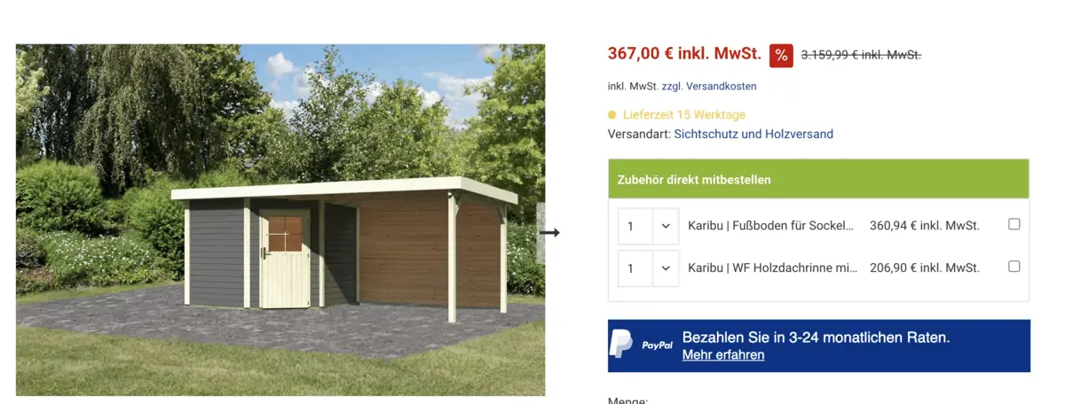 Preisfehler: Woodfeeling Gartenhaus Neuruppin 2 Set mit SD/SW 240 + 240 cm für 486,90 € inkl. Versand