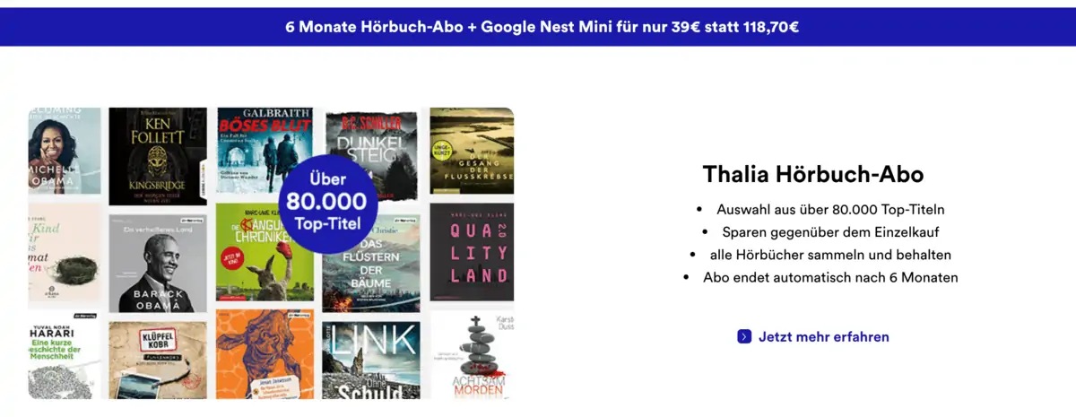 Thalia: 6 Monate Hörbuch-Abo + Google Nest Mini für nur 39,00 €