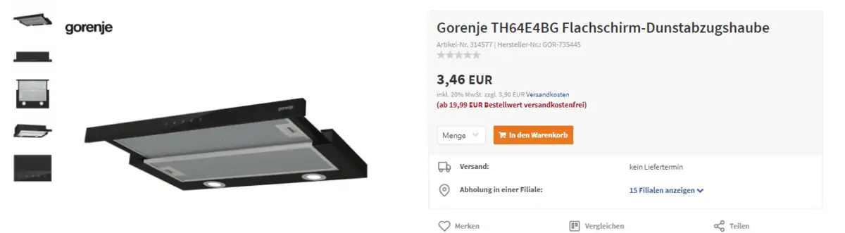 Preisfehler? Gorenje TH64E4BG Flachschirm-Dunstabzugshaube für 8,36 € inkl. Versand (aus Österreich)