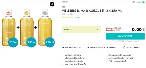 EIS DE: Vielseitiges Massageöl-Set (3x 250ml) & 6 Gratisartikel für 0 € (MBW 29,95 €) 🍨