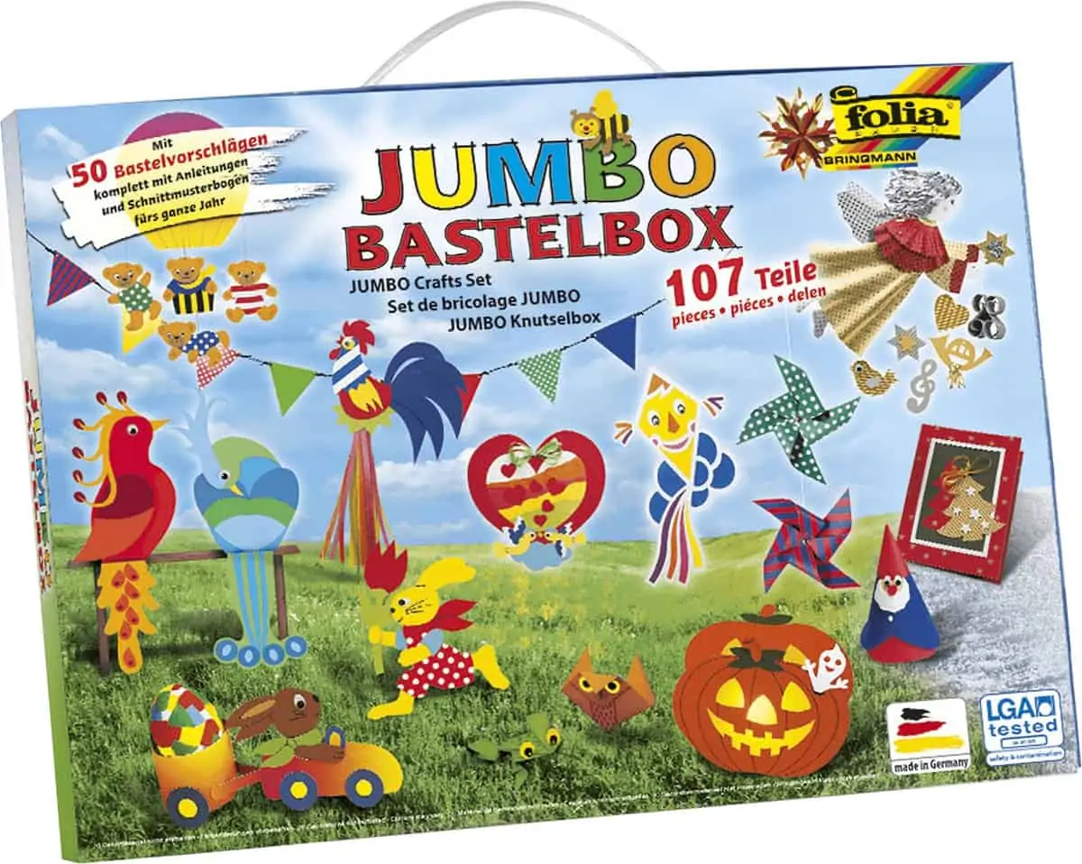 Folia Jumbo Bastelkoffer (mit 107 Teilen, riesige Auswahl an Bastelmaterialien) für 7,99 € [Prime] statt 11,58 €
