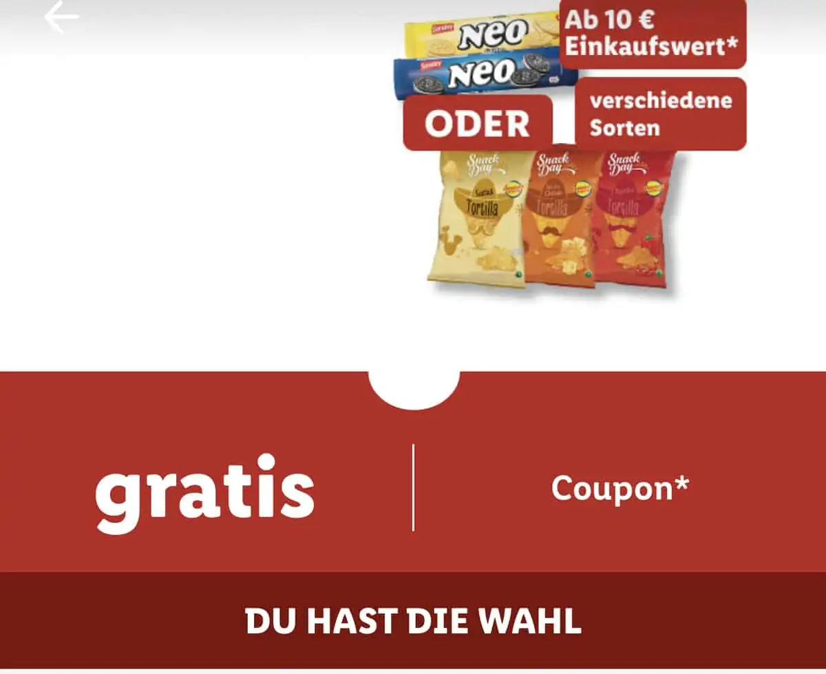 Gratis: Sondey Neo Keksrolle oder Snack Day Tortillöa Cips 300g [Lidl Plus – 10,00 MBW]