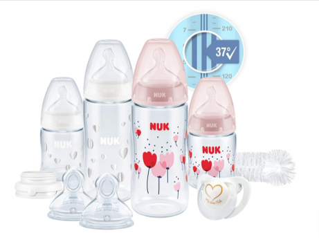 NUK First Choice Perfect Start Babyflaschen Set Erstausstattung mit 4 Temperature Control Anti kolic Babyflaschen 2x 150ml 2x 300ml Flaschenbuerste mehr BPA frei 0 6 Monate rosa weiss Amazon de Baby