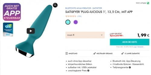 Eis DE: Satisfyer Plug-Ilicious 1 Analvibrator & 6 Gratisartikel für 1,99 € (MBW 29,95 €)🍨