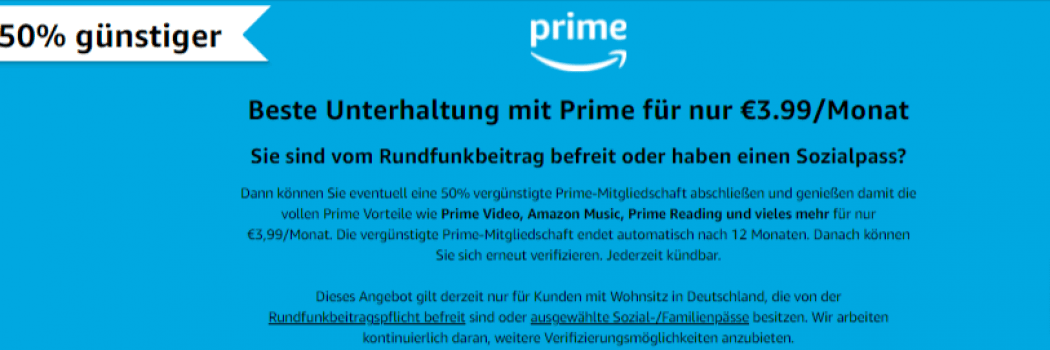 Amazon Prime 50 Rabatt fuer Rundfunkbeitragsbefreite Kunden und fuer Kunden mit Sozialpass