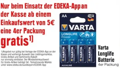 Gratis: 4er-Pack Varta Longlife Batterien [ Edeka-Genuss+ App – Süd-Bayern ab 5,00 € Einkaufswert]