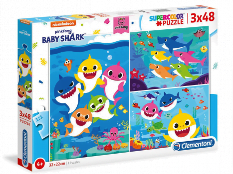 Clementoni 25261 Supercolor Baby Shark – Puzzle 3 x 48 Teile ab 4 Jahren buntes Kinderpuzzle mit be