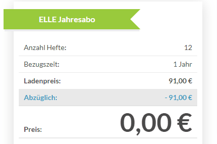 [UserDeal] ELLE als Print Ausgabe ein Jahr geschenkt (12 Ausgaben) (statt 91,00 €) selbst kündigend