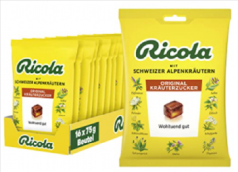 Ricola Original Kraeuterzucker Schweizer Kraeuterbonbon 16 x 75g Beutel Wohltuend fuer Hals und Stim