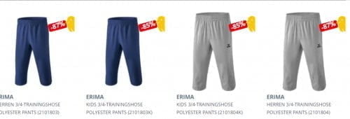 Erima Herren oder Kinder 3/4 Trainingshose (Gr. S bis 3XL bzw. 116 bis 164) für je 4,72 € zzgl. 3,99 € Versand