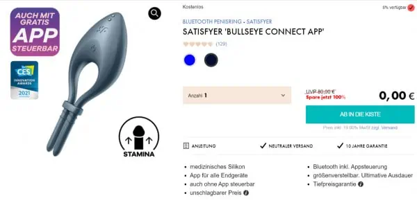 EIS DE: Satisfyer Bullseye Bluetooth Penisring & 6 Gratisartikel für 0 € (MBW 29,95 €) 🍨