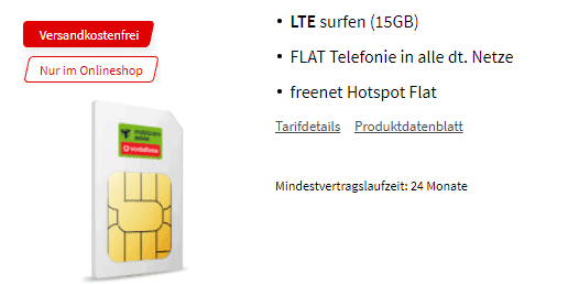 VODAFONE green LTE 15GB Smart Allnet Flat 50 Mbit/s für 9,99 € mtl.