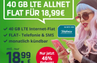 o2 Allnet Flat mit 40GB LTE inkl. VoLTE WLAN Call fuer 1899E mtl. monatlich kuendbar