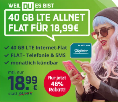 o2 Allnet Flat mit 40GB LTE inkl. VoLTE WLAN Call fuer 1899E mtl. monatlich kuendbar