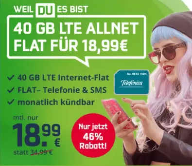 o2 Allnet-Flat  40GB LTE (225 Mbit/s) inkl. VoLTE & WLAN Call für 18,99 € mtl.