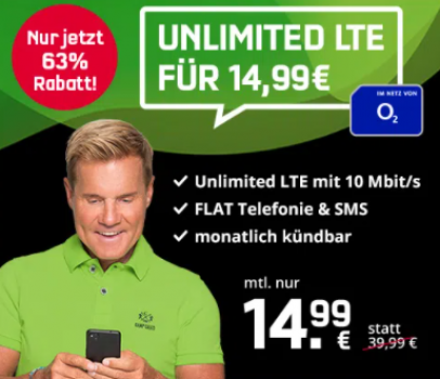 o2 Unlimited Smart mit unendlich LTE 10 Mbit s Allnet Flat fuer 1499E mtl. jederzeit kuendbar