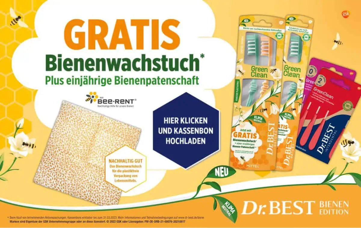 Gratis: Bienenwachstuch und Bienenpatenschaft durch Dr. Best Nature Green Clean Zahnbürsten