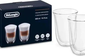 Ein 2er-Set von Delonghi Kaffeegläsern neben ihrer Verpackung