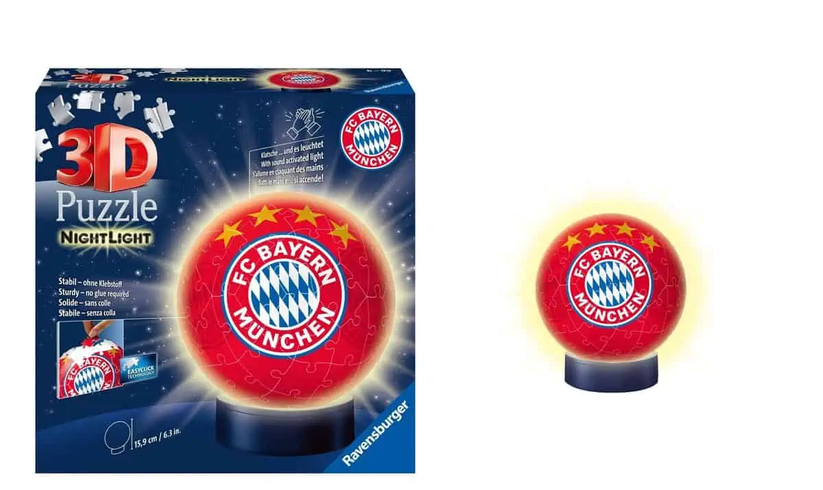 Ravensburger 3D Puzzle 12177 – Nachtlicht Puzzle-Ball FC Bayern München – 72 Teile (Nachttischlampe mit Klatsch-Mechanismus) für 11,99 € [Prime] statt 19,98 €